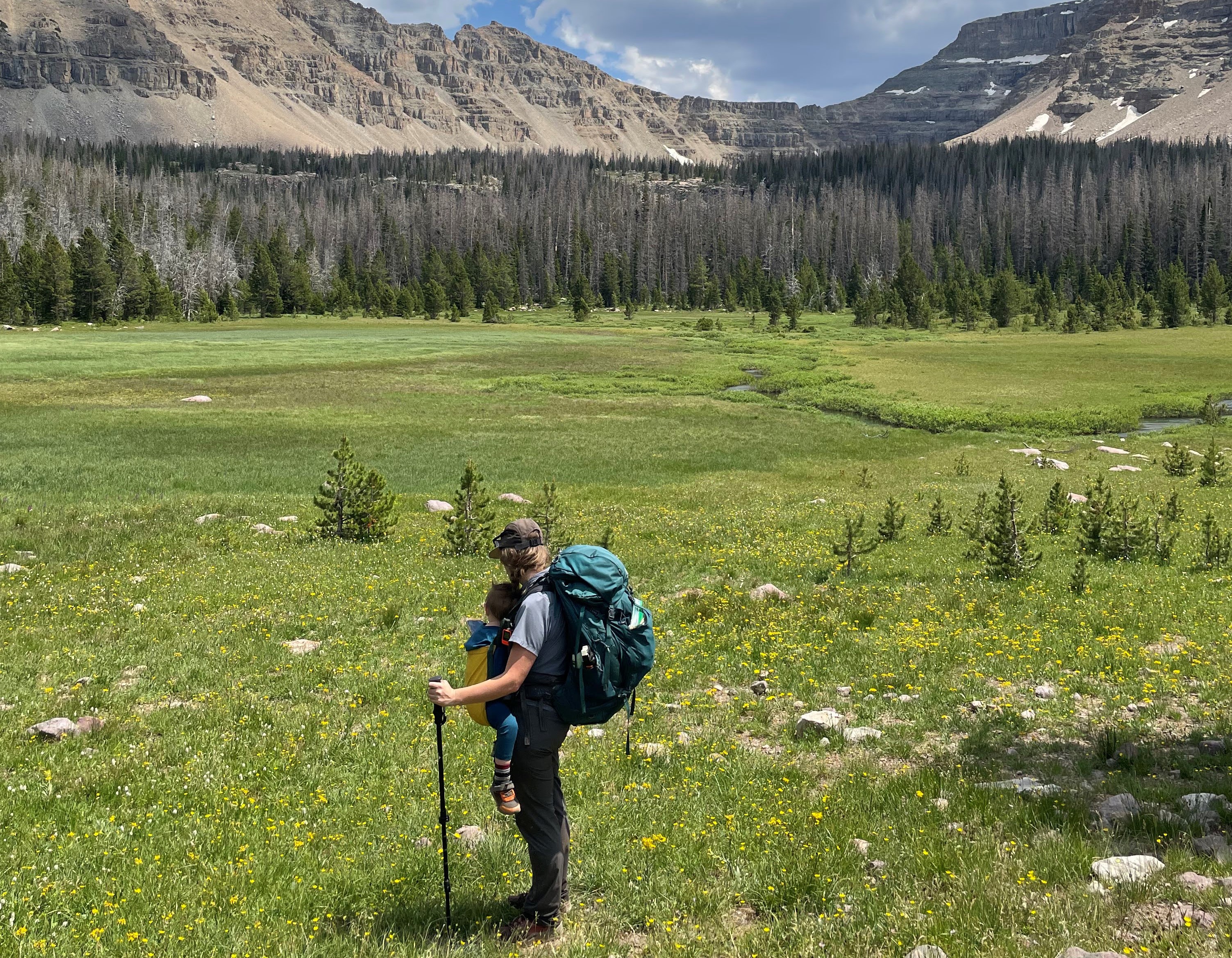 backpacking families in a meadow